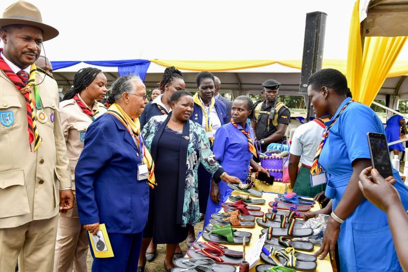 Senior Girl Guides showing handmade crafts at celebrations marking 100 years of the Uganda Girl Guides Association at Kololo
